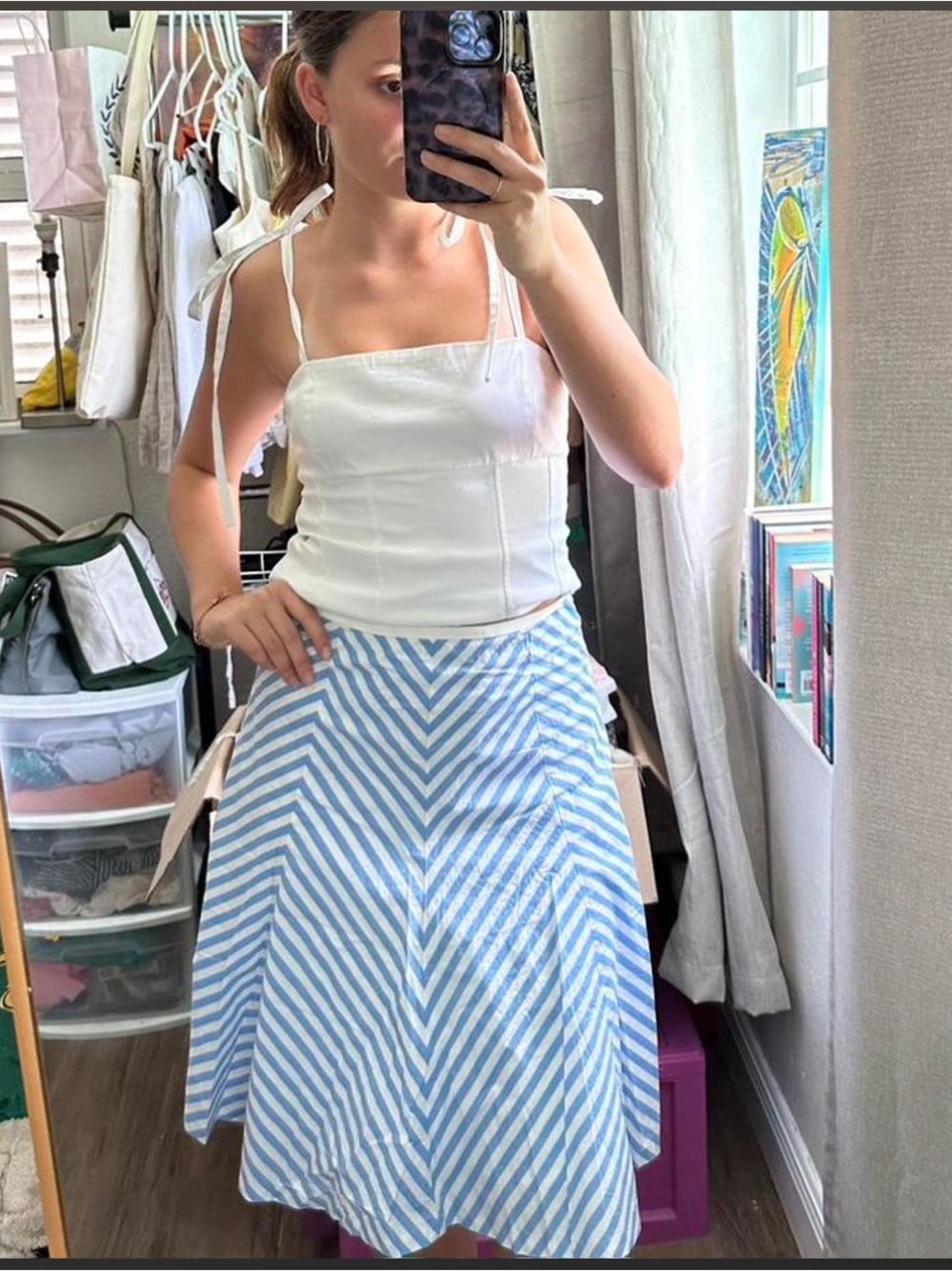Ann Taylor Blue & White Striped A-Line Midi Skirt